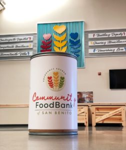 Food donation barrel inside Community Food Bank of San Benito County
