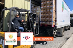 Pallets of food unloaded from food bank truck in Hollister, California