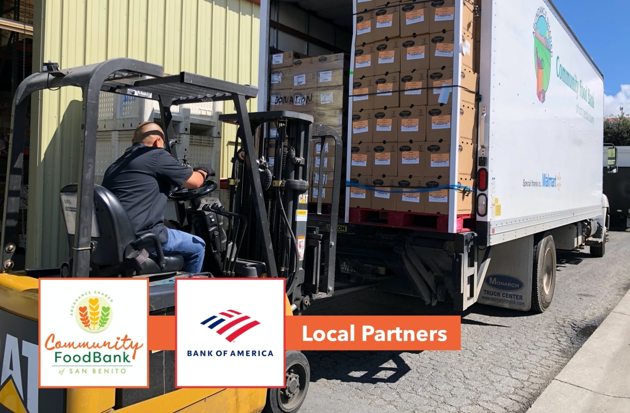 Pallets of food unloaded from food bank truck in Hollister, California