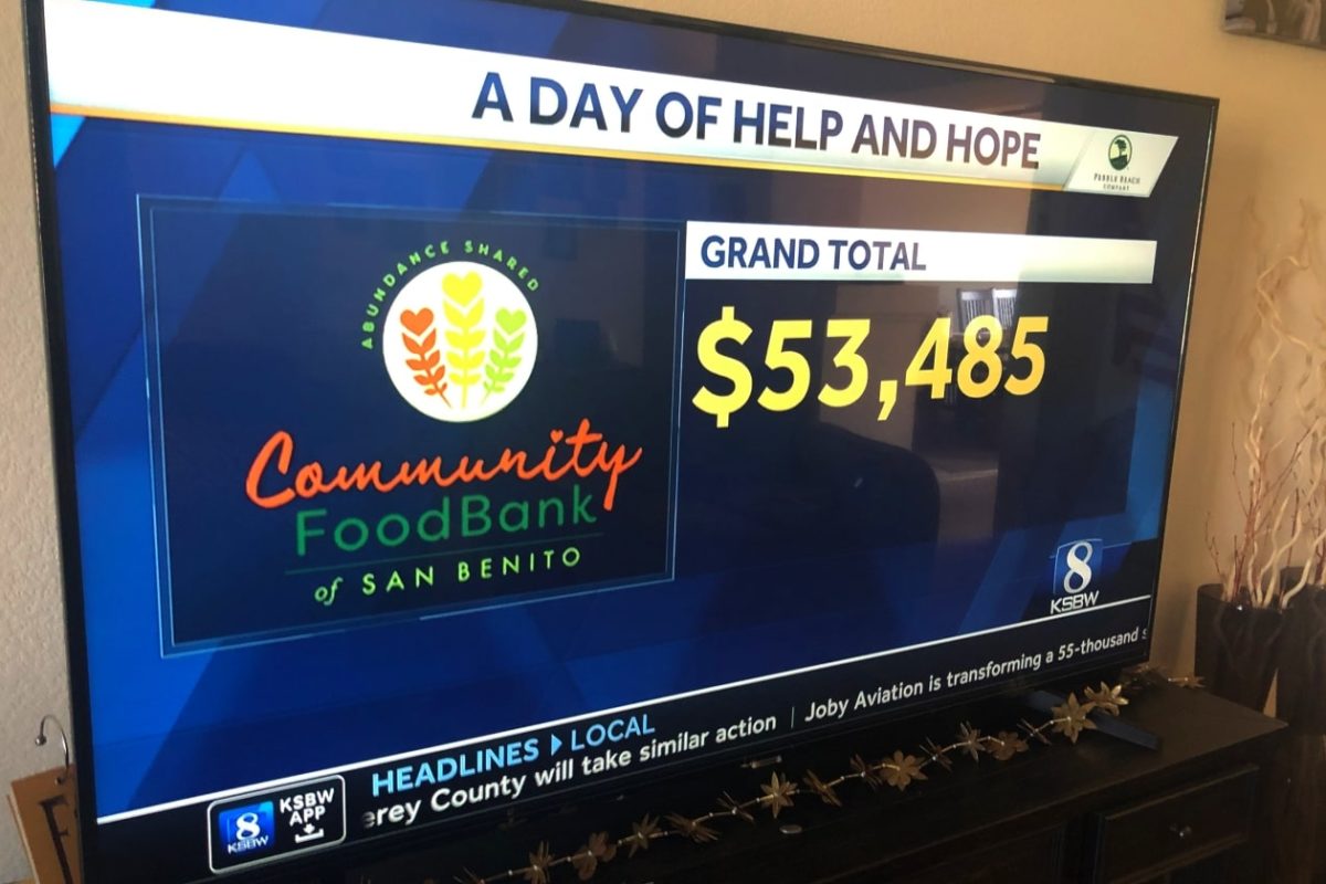 TV screen shows KSBW Day of Hope and Help donation total for Community Food Bank of San Benito County