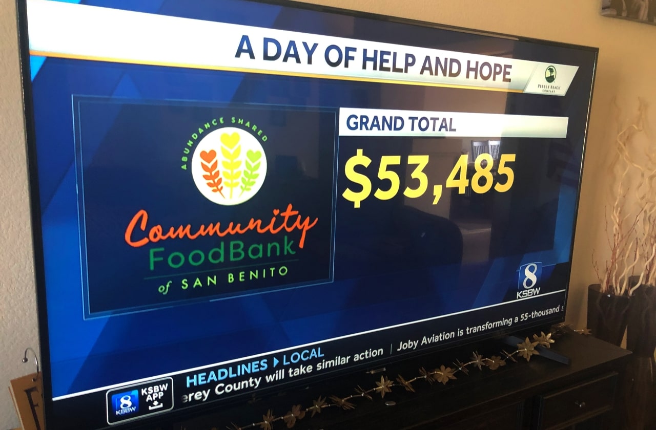 TV screen shows KSBW Day of Hope and Help donation total for Community Food Bank of San Benito County