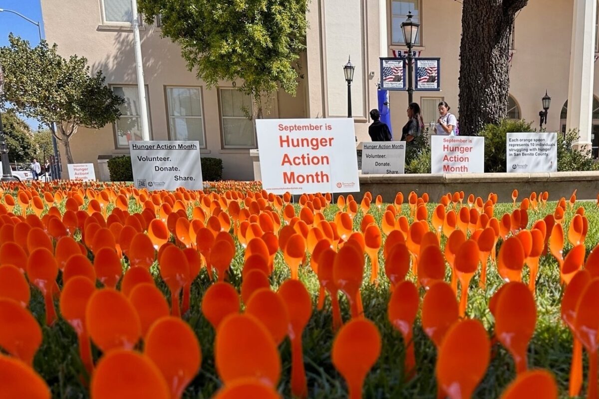 Hunger Action Month spoons on display in lawn of Veterans' Hall in Hollister, CA